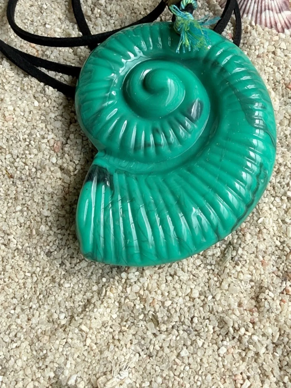 BRUTALIST Turquoise Spiral Shell Pendant Necklace LONG SUEDE
